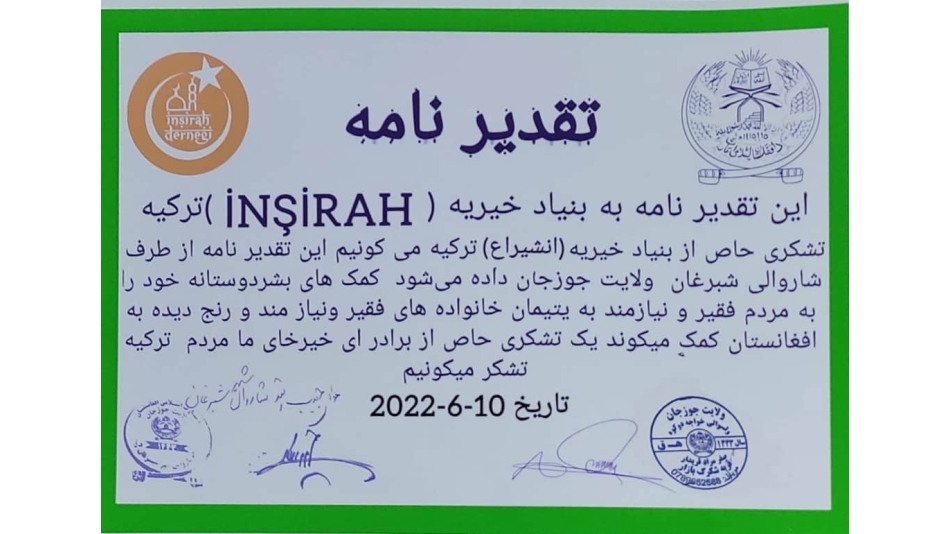 TAKTİRNAME ( Afganistan Şibirgan belediye başkanı )